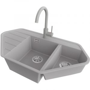PRIMAGRAN Evier d'angle en Granit 90x50cm,Lavabo Cuisine 1,5 bacs + Robinet 32x20cm + Kit de Vidage, &Eacute;vier &agrave; Encastrer au meuble 70cm - Copenhague