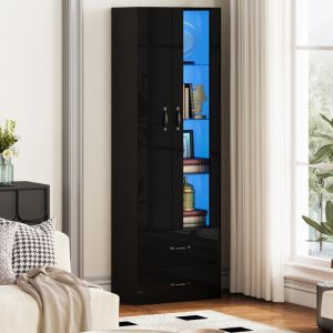 Vitrine lumineuse LED 2 portes noir - meuble buffet salon vitr&eacute; avec &eacute;clairage, pied et porte transparente - Id&eacute;al mur salon - 60x35x182,5cm