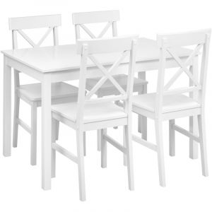 Ensemble de Salle &agrave; Manger Table et 4 Chaises Style Cottage Maison Campagnarde Bois de Peuplier MDF Blanc Barlee