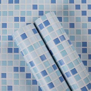 Ahlsen - Papier Peint Carrelage Autocollant Bleu 61x100 cm Style Mosa&iuml;que Sticker Mural Film D&eacute;coratif Imperm&eacute;able pour Carreaux de Mur de Salle de