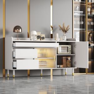 Buffet 140x38x76 avec 3 tiroirs et porte coulissante en verre, commode, LED, pieds dorés, aggloméré, blanc