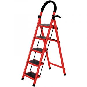 Escabeau marche pied 5 marches Antid&eacute;rapant en Acier 39 x 87 x 152 cm rouge et noir