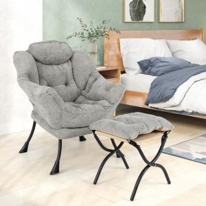 Relax4life - Fauteuil de Bureau avec Repose-Pied, Fauteuil Scandinave en Fleece avec Appui-tête-Poche Latérale-Patins Antidérapants, Fauteuil