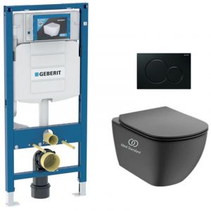 Pack WC Bati-support Geberit + Cuvette noire Ideal Standard Tesi Aquablade + Plaque noire (GebBlackTesi-A)