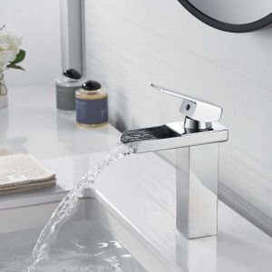 Robinet Salle Bain Cascade Chrom&eacute; Mitigeur Lavabo en Laiton Moderne Carr&eacute; Robinet Lavabo Bec Large Mitigeur Salle de Bain Robinet Lave Main Argent,