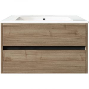 Meuble de salle de bain suspendu 80cm double edge bois clair - Vasque en céramique