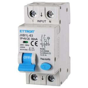 Disjoncteur différentiel dispositif de protection 1P+N 6A 4.5kA 30mA 220V 2 Modules din Ettroit JXB1L-63-1P+N-6A