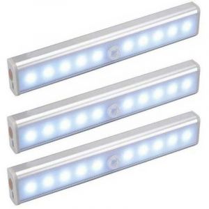 Lot de 3 Lampes 10 LED, Sans Fil, Rechargeable par USB, Aimant&eacute;, D&eacute;tecteur de Mouvement, Portable. Lumi&egrave;re de Placard, Baladeuse de Secours,
