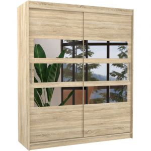 Les Tendances - Armoire de chambre &agrave; coucher 2 portes coulissantes bois clair et 6 miroirs horizontaux Dolena 180cm
