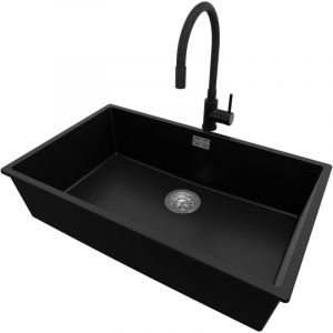 Primagran - Evier Sous Plan 76x47cm, Evier en Granit 1 bac + Robinet 40x38cm + Kit de Vidage, &Eacute;vier au meuble 80cm - London, Noir