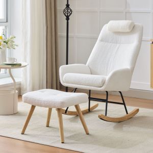 Rocking chair, Fauteuil avec repose-tête et repose-pieds, structure en fer moulé par injection, salon/chambre, velours, blanc