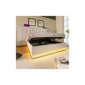Lit coffre 180x200 cm, lit double capitonné avec LED et charge USB-C, sommier à lattes inclus, lin, beige, sans matelas et table de chevet
