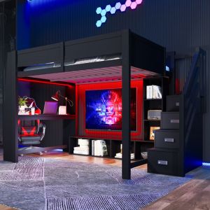Lit mezzanine 140x200 cm, lit adulte enfant avec bureau intégré, rangements escalier et LED, MDF et contreplaqué, noir
