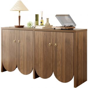 Buffet finition noyer 147x40x80cm &ndash; 4 portes, &eacute;tag&egrave;res r&eacute;glables, poign&eacute;es alu