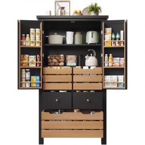 Colonne de cuisine 80x40x140cm - 2 portes et 5 tiroirs - MDF + Panneaux de particules - Noir + Naturel