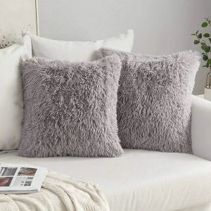 Lot de 2 coussins d&eacute;coratifs en fausse fourrure moelleuse, housse de coussin douce en fausse fourrure, coussin d&eacute;coratif en fausse fourrure moelleuse