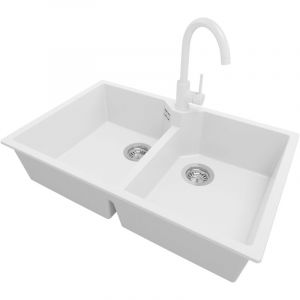 Primagran - Evier Cuisine en Granit 78x50cm, Lavabo 2 bacs + Robinet 32x20cm + Kit de Vidage, Évier à Encastrer au meuble 80cm - Madrid Twin, Blanc