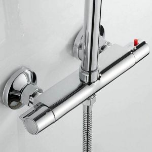 Mitigeur Thermostatique de Douche 2 Sorties Haute et Basse obinet M&eacute;langeur Anti-Br&ucirc;lure en Laiton Chrom&eacute; pour Salle de Bain Baignoire