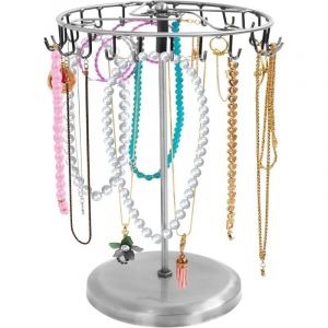 Pr&eacute;sentoir &agrave; bijoux pivotant en m&eacute;tal argent&eacute; (23 crochets) - H 34,8 x L 20,5 cm - Colliers, bracelets, boucles d'oreilles