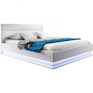 Lit Coffre avec Matelas Texas Lit Adulte Couleur Blanc avec led Mat&eacute;riaux bois et simili cuir Coffre de rangement Mod&egrave;le Nitas 150x190cm