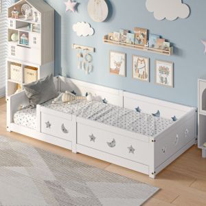 Lit enfant 90x200 cm en bois massif, Barri&egrave;re de protection &eacute;toile et lune, lit bateau, base &agrave; lattes, lit anti-chute, Blanc