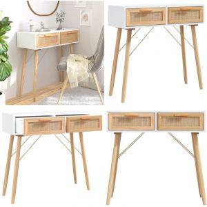 Table console Blanc 80x30x75 cm Bois massif pin /rotin naturel - Table Basse - Meuble Entr&eacute;e - Table D'appoint - Table Console - D&eacute;coration