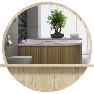 Miroir de salle de bain rond avec tablette int&eacute;gr&eacute;e - 45 cm de diam&egrave;tre - Support mural pratique