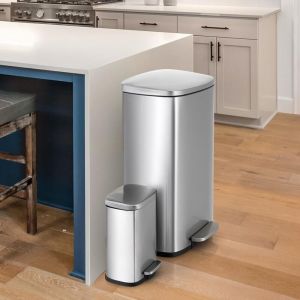 Poubelle Cuisine 50 Litres + 5 Litres, Poubelle &agrave; P&eacute;dale avec Couvercle &agrave; Fermeture Silencieuse, Seau Int&eacute;rieur, Poubelles en Acier M&eacute;tal,Argent&eacute;