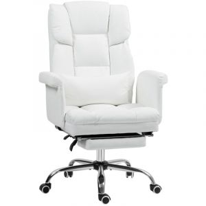 Chaise de bureau ergonomique inclinable-coussin lombaire-si&egrave;ge r&eacute;glable-pivotante-repose-pieds-simili cuir-blanc-69x65x107-115cm