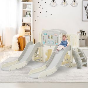 Toboggan 8 en 1 pour enfants avec panier de basket, tunnel en arche et t&eacute;lescope, structure d'escalade, double toboggan, pehd, gris