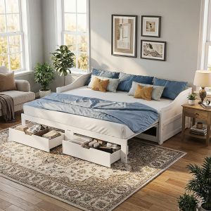 VASIEN &ndash;Canap&eacute;-lit gigogne et 2 tiroirs 90/180x200 cm en bois massif,lit Banquette,lit simple et double,lit extensible avec sommier &agrave; lattes,gain de