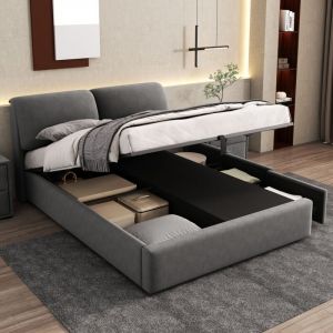 140 x 190 cm lit coffre avec sommier, lit hydraulique avec tiroirs de rangement, lit 2 personnes avec tête de lit, lit 140x190 à lattes en bois, gris