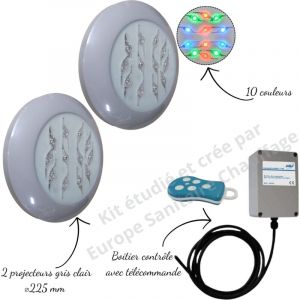 Weltico - Kit 2 projecteurs couleur Easyled Evo gris clair + télécommande avec boitier pour piscine Béton, Panneau, Liner,Coque