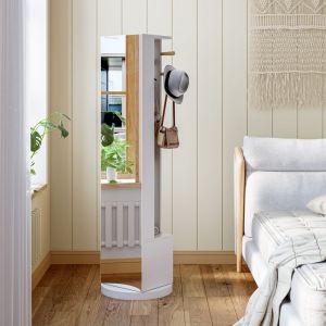 Portemanteau avec miroir pleine longueur, tringle et cintres, 2 tiroirs, base pivotante &agrave; 360&deg;,Miroirs de Sol 2 en 1 et Porte-Manteau, Rangement