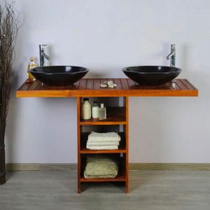 Ensemble meuble vasque et miroir salle de bain New Gempo 140 cm en bois teck naturel Taille - Meuble + 2 vasques