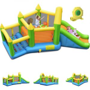 Château Gonflable avec Souffleur Hexagone avec Aires de Jeux pour 1-3 Enfants de 3 à 10 Ans, Jeux Plein Air avec Toboggan et Trampoline, Tissu