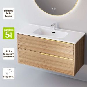 Sanizeo - Meuble de salle de bain plan vasque Céramique, 2 Tiroirs,l80xh54xp45, Chêne Naturel Poigné Or, bamboo