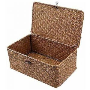 YMYNY Panier de rangement en jonc de mer avec couvercle, petit panier en osier, bo&icirc;te de rangement en rotin naturel, panier &agrave; linge, osier