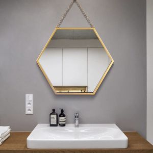 Beijiyi - Miroir mural hexagonal &agrave; suspendre avec cadre en m&eacute;tal - Miroir d&eacute;coratif avec cha&icirc;ne - Miroir de courtoisie - Miroir de courtoisie pour