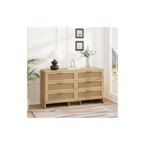 Wishdor - Commode en rotin, commode haut 130cm, 6 tiroirs, coin incurv&eacute;, panneaux de particules, pour chambre, salon, naturel