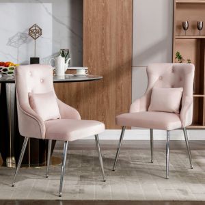 Fauteuil rembourré avec coussin lombaire, chaise de salle à manger, motif boutons, pieds en métal, chaise longue moderne - lot de 4, rose