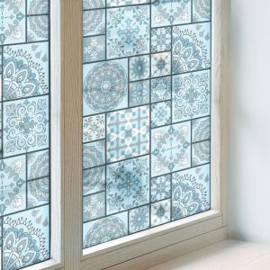 Film D&eacute;poli pour Fen&ecirc;tre 50x100 cm Vitrail Coll&eacute;s sur le Verre D&eacute;coratif Adh&eacute;sif pour Chambre Cuisine Salle de Bain PVC Protection Carreaux bleus