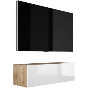 Meuble TV Suspendu, 100 &times; 34 &times; 32 cm, Ch&ecirc;ne Wotan / Blanc Brillant