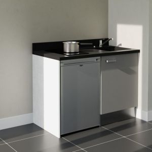 Kitchenette K08L - 120 cm - plan monobloc &eacute;vier int&eacute;gr&eacute; Nero- &eacute;vier &agrave; droite - Fa&ccedil;ades Gris + Electrom&eacute;nager inclus coloris Inox