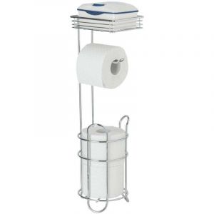 Serviteur WC 3en1 Rack , D&eacute;rouleur papier toilette sur pied avec &eacute;tag&egrave;re de rangement et range papier toilette, M&eacute;tal, 15x18x59cm, argent chrom&eacute;