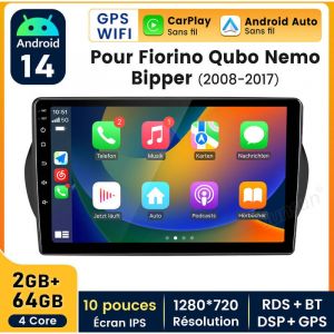 10 pouces Carplay Autoradio pour Fiat FIORINO Qubo Nemo Bipper Android 2+64GB JUNSUN
