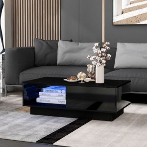 Table basse carrée noire brillante, table de salon avec éclairage led et tiroir, pour salon, bureau et chambre, 95x55x32 cm