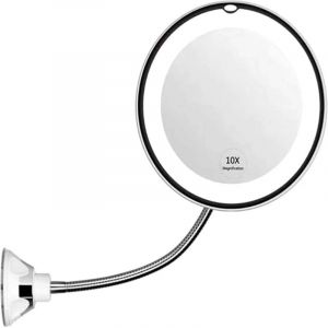 Miroir de maquillage avec lumi&egrave;re LED, blanc/argent&eacute;, miroir grossissant 10x avec 14 LED, col de cygne &agrave; 360&deg; et ventouse, miroir cosm&eacute;tique pliable