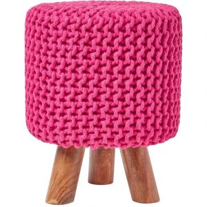 Pouf tressé en tricot et pieds en bois - Rose fuchsia - Homescapes