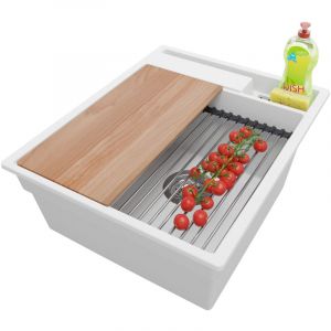 Primagran - Evier Cuisine en Granit 43x53cm, Lavabo 1 bac + Kit de Vidage + Accessoires, Évier à Encastrer au meuble 45cm - Oslo Pocket, Blanc